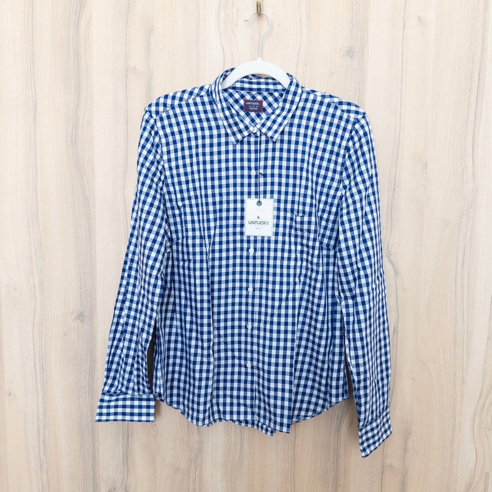 UNTUCKit Women Shirt 12 Blue Gingham Belleza Long Sleeve Cotton Preppy Americana